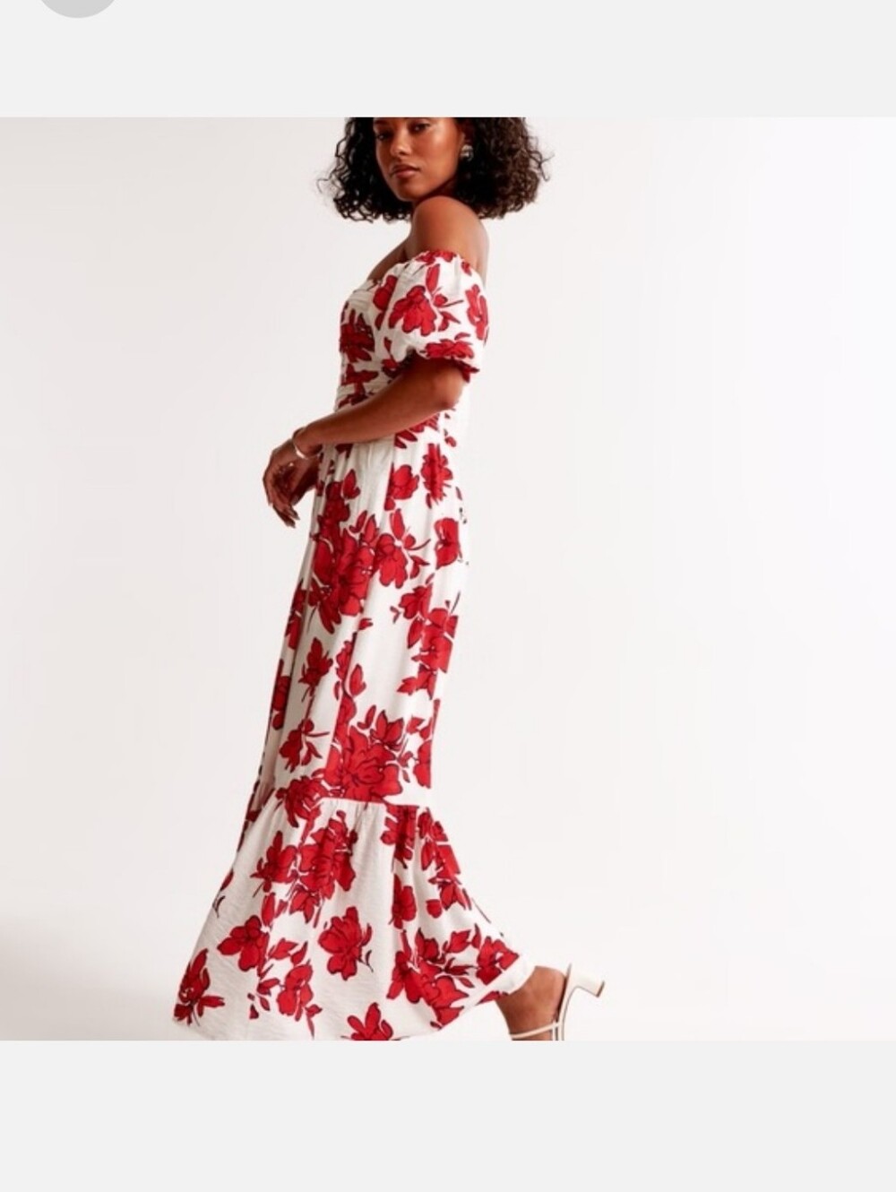 Abercrombie & Fitch Emerson Off Shoulder Maxi Dress In Red and White Botanical - Picture 4 of 16